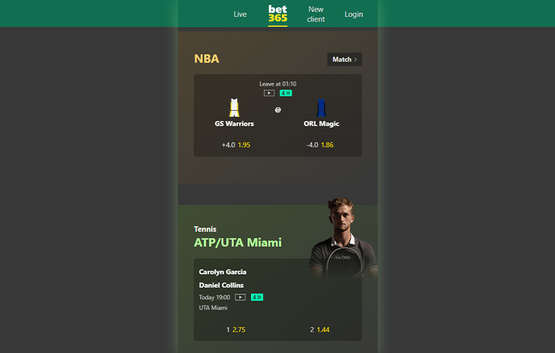 The bet365 mobile interface.