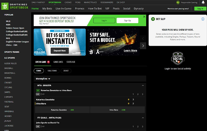 The DraftKings user interface
